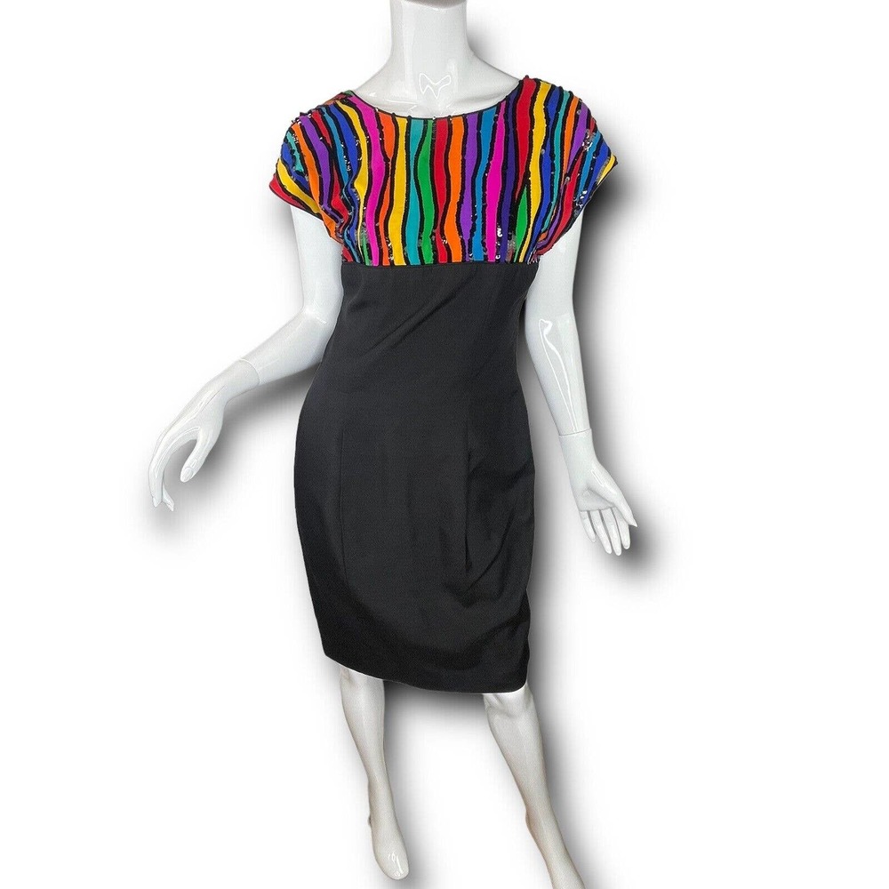 Vintage Kathryn Dianos Sz 8 Small Sequin Silk Colorful Black Dress Pls Read